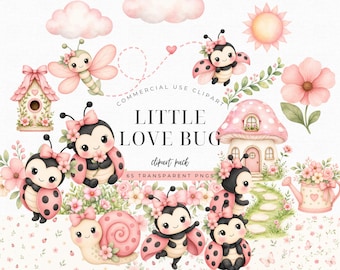 Little Love Bug Baby Shower Clipart Bundle, Garden Bug Watercolor PNG, Ladybug Butterfly Snail, Pink Sage Invitation Art