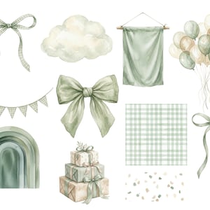 May include: A collection of watercolor illustrations in sage green and cream tones, featuring bows, a cloud, a hanging banner, balloons, a bunting garland, a rainbow, stacked gift boxes, a plaid square pattern, and a scattered confetti texture.