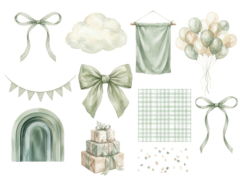 May include: A collection of watercolor illustrations in sage green and cream tones, featuring bows, a cloud, a hanging banner, balloons, a bunting garland, a rainbow, stacked gift boxes, a plaid square pattern, and a scattered confetti texture.