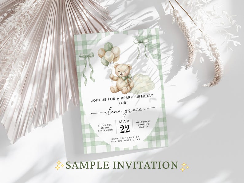 May include: A rectangular birthday invitation card featuring a light green and white gingham border. The center displays a watercolor illustration of a teddy bear holding balloons, with text reading JOIN US FOR A BEARY BIRTHDAY FOR ALENA GRACE.