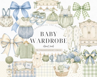 Baby Closet Layette Clipart, Newborn Wardrobe PNG, Baby Clothes Watercolor, Nursery Shower Invitation Graphics