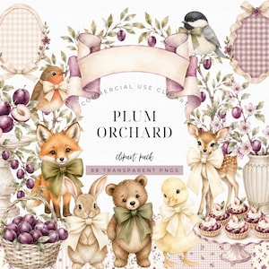 May include: A digital clipart collection titled Plum Orchard featuring watercolour illustrations of a fox, rabbit, teddy bear, duckling, and fawn wearing bows, alongside baskets of plums, floral arrangements, and decorative frames on a white background.