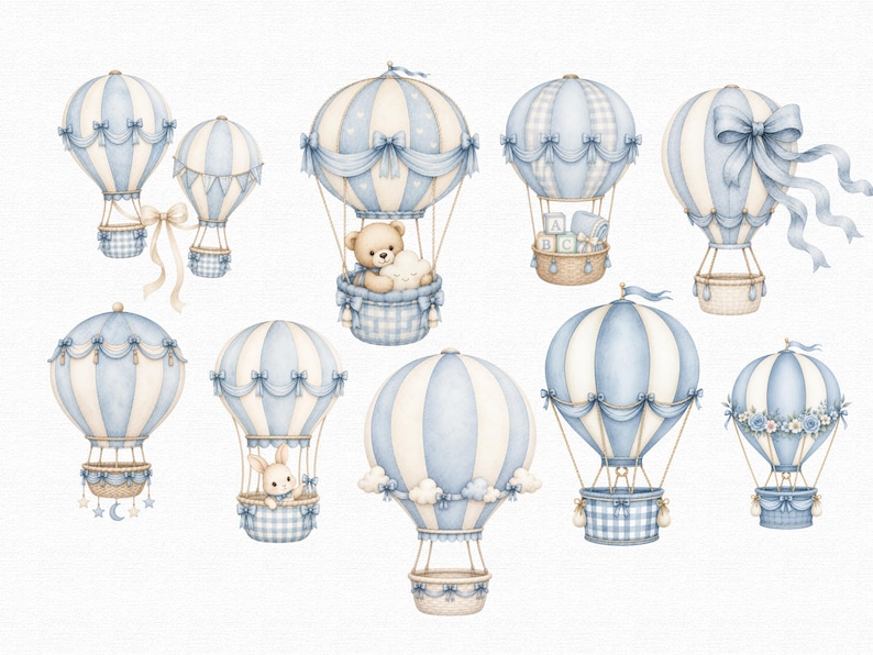 Puede incluir: Una colecci&oacute;n de nueve ilustraciones en estilo acuarela de globos aerost&aacute;ticos en tonos azul y crema. Los globos presentan patrones de rayas, lazos decorativos y cestas que contienen objetos como un osito de peluche, bloques de letras y un conejo.