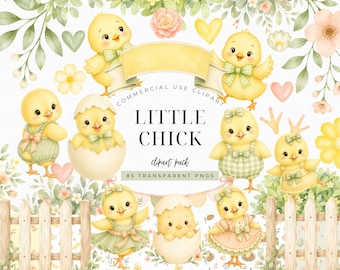 Little Chick Baby Shower Clipart Bundle, Spring Chick Watercolor PNG, Yellow Nursery Invitation Graphics, Cute Baby Shower Elements