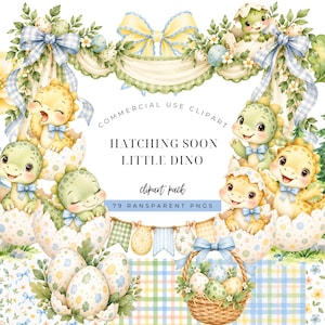 Può includere: Set di clipart digitali con cuccioli di dinosauro che escono da uova a pois, circondati da pini, ghirlande floreali, fiocchi a quadretti blu e un cesto di uova. Il testo recita: COMMERCIAL USE CLIPART HATCHING SOON LITTLE DINO.