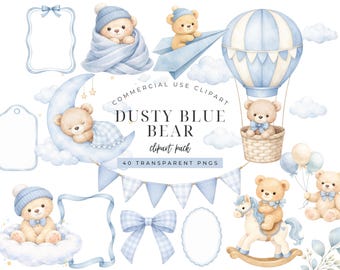 Dusty Blue Teddy Bear Clipart Bundle, Baby Shower Bear PNG, Watercolor Blue Bear Invitation Elements, Gingham Bow Nursery Clipart Set