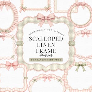 Pode incluir: Uma coleção de molduras digitais com bordas recortadas, padrões xadrez e laços em tons suaves de rosa e verde sálvia. A moldura central exibe o texto: COMMERCIAL USE CLIPART SCALLOPED LINEN FRAME clipart pack 68 TRANSPARENT PNGS.