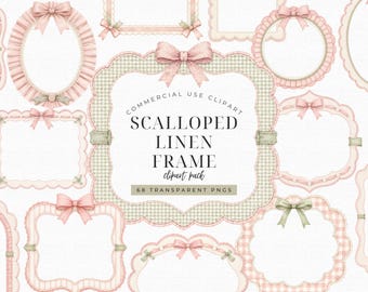 Dusty Pink Scalloped Frame Clipart, Linen Ribbon Invitation Frames, Sage Gingham Baby Shower PNG, Watercolor Border Collection