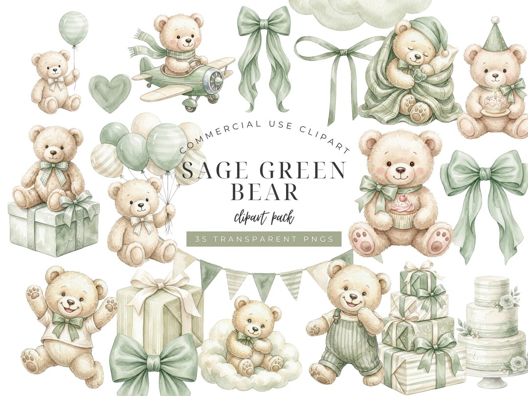 Sage Green Teddy Bear PNG Clipart Set, Watercolor Bear Bundle for Baby ...