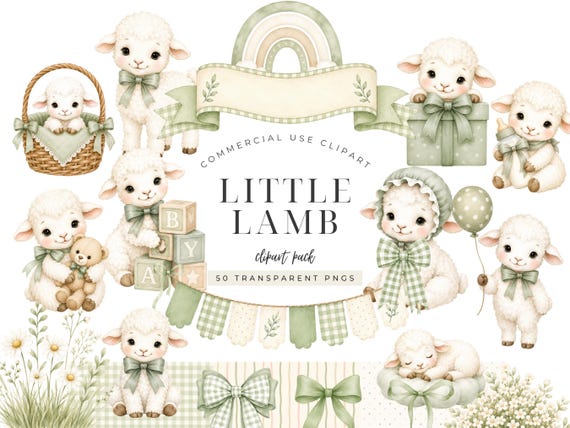 Little Lamb Baby Shower Clipart Bundle, Sage Green Watercolor Lamb PNG, Nursery Invitation Creator Kit, Bows Frames Backgrounds