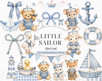 Little Sailor Baby Shower Clipart Bundle, Animal Sailor Clip Art, Nautical Teddy Bear PNG, Sailboat Boy Invitation