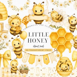 Puede incluir: Una colección de imágenes prediseñadas digitales titulada Little Honey con ilustraciones en acuarela de abejas, colmenas, panales, margaritas, bloques, lazos y banderines. El set incluye 53 archivos PNG transparentes en tonos amarillos y dorados.