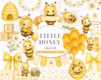Little Honey Baby Shower Clipart Bundle, Watercolor Bee PNG, Honeycomb Daisy Nursery Invitation Creator Kit