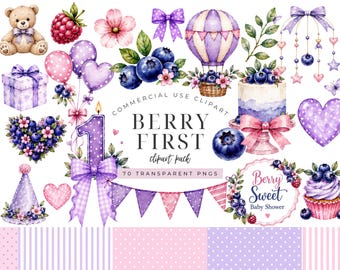 Berry First Birthday Clipart Bundle, Blueberry Baby Shower Clipart, Sweet One Birthday PNG, Purple Pink Berry Party Graphics, Watercolor Bow