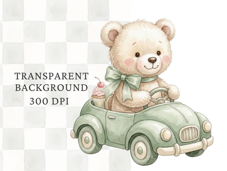 Sage Green Teddy Bear PNG Clipart Set, Watercolor Bear Bundle for Baby ...