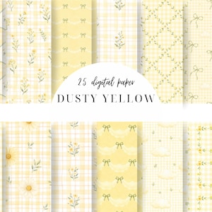 Op de afbeelding: Een collectie van 25 digitaal papier vellen in stoffige geeltinten met patronen van gingham, bloemtakjes, strikken, ganzen en wolken. De tekst 25 digital paper DUSTY YELLOW is gecentreerd over het raster van diverse patroonontwerpen.