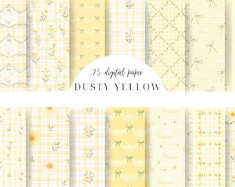 Dusty Yellow Seamless Pattern Bundle, Watercolor Scallop Bow Floral Gingham Digital Paper, Nursery Background PNG