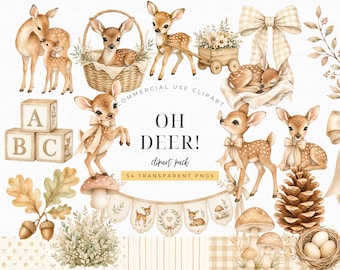 May include: A digital collection of watercolor illustrations featuring baby deer, wooden alphabet blocks, mushrooms, a pinecone, a bird nest with eggs, oak leaves, acorns, a wagon, a basket, and ribbons with the text OH DEER! clipart pack.