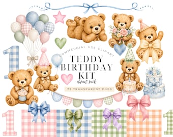May include: A digital clipart collection featuring watercolor teddy bears, pastel balloons, birthday cakes, party hats, bows, and gingham patterns. The central text reads COMMERCIAL USE CLIPART TEDDY BIRTHDAY KIT clipart pack 73 TRANSPARENT PNGS.