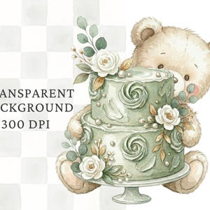 May include: A watercolor illustration of a light brown teddy bear holding a two-tiered sage green cake on a pedestal stand. The cake is decorated with white roses, green leaves, and small pearls. Text reads: TRANSPARENT BACKGROUND 300 DPI.