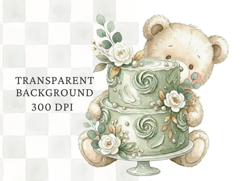 May include: A watercolor illustration of a light brown teddy bear holding a two-tiered sage green cake on a pedestal stand. The cake is decorated with white roses, green leaves, and small pearls. Text reads: TRANSPARENT BACKGROUND 300 DPI.