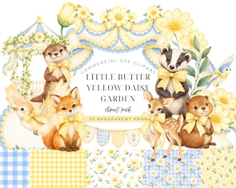 May include: Digital clipart set featuring watercolor illustrations of an otter, fox, badger, deer, and beaver wearing yellow bows, surrounded by daisies and a gazebo. Text reads: COMMERCIAL USE CLIPART LITTLE BUTTER YELLOW DAISY GARDEN clipart pack 73 RANSPARENT PNGS.