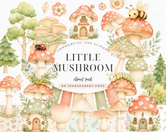 Little Mushroom Baby Shower Clipart Bundle, Woodland Mushroom PNG, Nursery Watercolor, Modern Forest Invitation Graphics