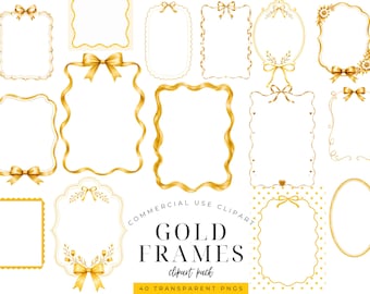 Gold Yellow Frame Clipart Bundle for Baby Shower Invitation, Birthday Invitation Frame PNG, Bow Border Clipart, Printable Card Frame