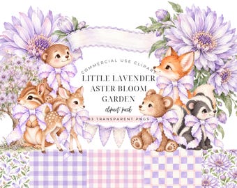 May include: A digital clipart collection featuring watercolor illustrations of a bear, fox, deer, chipmunk, and skunk, each wearing a lavender bow. Includes large purple aster flowers, a banner, and gingham patterns with text: LITTLE LAVENDER ASTER BLOOM GARDEN.
