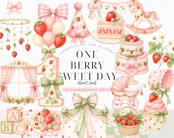Berry Sweet Baby Shower Clipart, Strawberry Watercolor PNG, Pink Sage Baby Shower Graphics, First Birthday Invitation Art