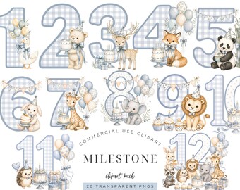May include: A digital clipart set featuring numbers one through twelve decorated with blue gingham patterns, watercolor animals, party hats, cakes, and balloons. The text reads COMMERCIAL USE CLIPART MILESTONE clipart pack 20 TRANSPARENT PNGS.