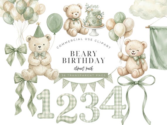 Teddy Bear Birthday Clipart Bundle with Numbers, Sage Green Bear PNG Set, First Birthday Invitation Clipart, Baby Shower Party Graphics