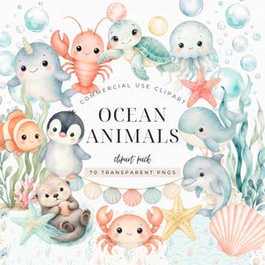 May include: A digital collection of watercolor ocean animal illustrations featuring a narwhal, lobster, sea turtle, jellyfish, starfish, clownfish, penguin, otter, crab, whale, and dolphin, with text reading COMMERCIAL USE CLIPART OCEAN ANIMALS.