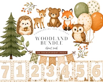 Woodland Baby Shower Clipart Bundle, Woodland Frames  and numbers Clipart, Woodland Animals Nursery Clipart, Baby Shower Invitation Clipart,
