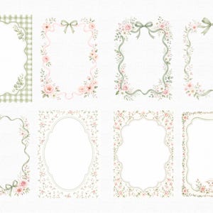 May include: A collection of eight rectangular frames featuring watercolor illustrations of pink roses, green leaves, and ribbons. The designs include gingham patterns, delicate floral borders, and decorative bows arranged in a grid layout.