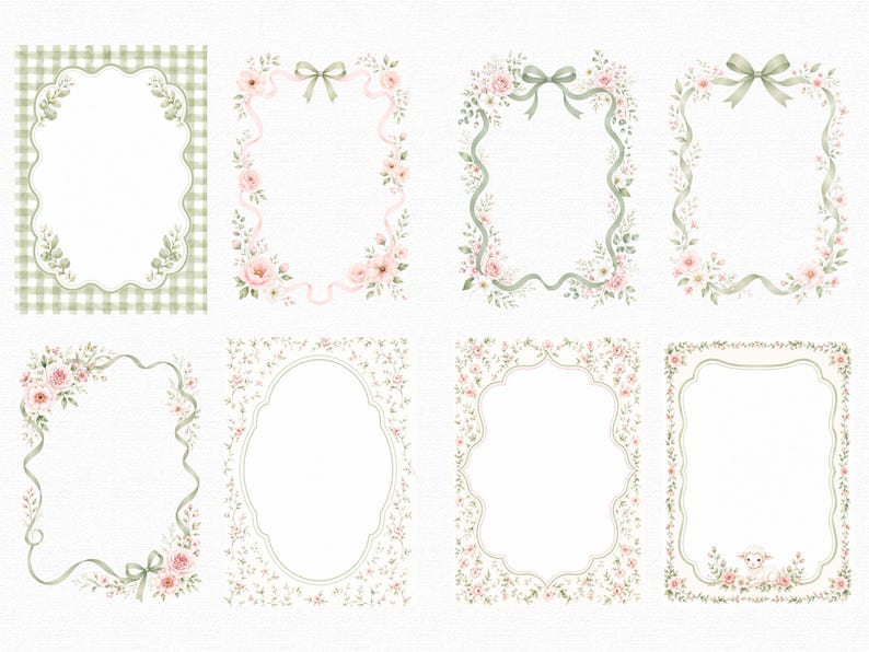May include: A collection of eight rectangular frames featuring watercolor illustrations of pink roses, green leaves, and ribbons. The designs include gingham patterns, delicate floral borders, and decorative bows arranged in a grid layout.