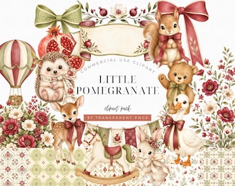 May include: A digital clipart collection titled Little Pomegranate featuring watercolor illustrations of a hedgehog, squirrel, bear, deer, rabbit, goose, hot air balloon, rocking horse, pomegranate fruit, floral arrangements, and decorative bows.