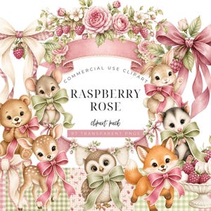 May include: A digital illustration set featuring a bear, mouse, rabbit, opossum, deer, owl, and fox adorned with pink and green bows. The collection includes floral arrangements, raspberries, and a bowl of fruit with the text Raspberry Rose Clipart Pack.