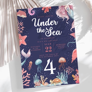 Under the Sea 4th Birthday Invitation Girl Editable Mermaid Party Invite Ocean Theme Printable Card Instant Download Pink Mermaid