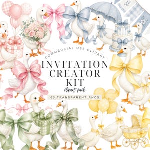 May include: A digital clipart collection featuring watercolor illustrations of white geese, pastel bows, balloons, cakes, umbrellas, and baby carriages in pink, blue, yellow, and green. The text reads: COMMERCIAL USE CLIPART INVITATION CREATOR KIT.