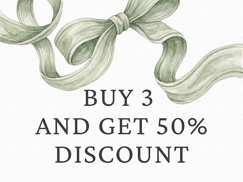 Puede incluir: Una ilustraci&oacute;n en acuarela de una cinta de color verde salvia atada en un lazo en la parte superior. Debajo de la cinta, el texto dice: BUY 3 AND GET 50% DISCOUNT. El dise&ntilde;o se presenta sobre un fondo blanco liso con pinceladas suaves y tonos verdes apagados.
