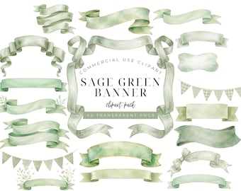 Sage Green Banner Clipart, Watercolor Bunting Garland PNG, Baby Shower Invitation Banner, Birthday Invitation Decor, Botanical Ribbon Set