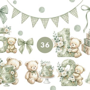 May include: A digital illustration set featuring sage green gingham bows, bunting, gift boxes, a party hat, and teddy bears with numbers 1, 2, and 5 decorated with roses. Includes cakes, a circle with the number 36, and the word one in script.