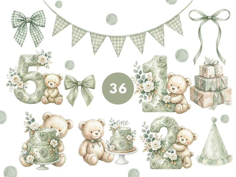 May include: A digital illustration set featuring sage green gingham bows, bunting, gift boxes, a party hat, and teddy bears with numbers 1, 2, and 5 decorated with roses. Includes cakes, a circle with the number 36, and the word one in script.