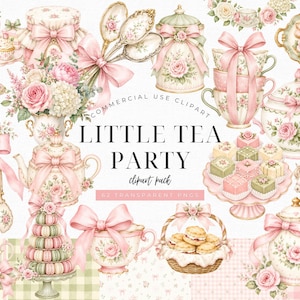 May include: A digital clipart collection titled LITTLE TEA PARTY featuring watercolor illustrations of floral teapots, teacups with pink bows, tiered cakes, macarons, scones in a basket, and roses in soft pastel pink, green, and cream tones.