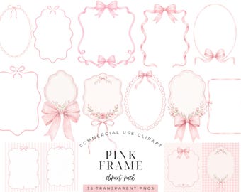 Soft Pink Frame Clipart for Birthday Invitation, Baby Shower Invitation Frame PNG, Coquette Bow Border Clipart, Pink Ribbon Frame Printable