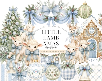 Christmas Lamb Clipart Bundle, Powder Blue Watercolor Lamb PNG, Holiday Conservatory Baby Shower, Sage Green Winter Graphics