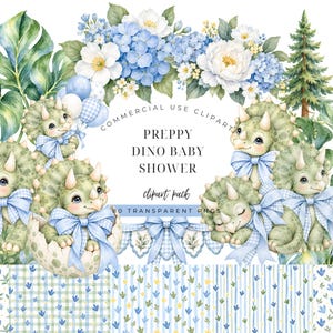 Può includere: Una collezione di clipart digitali con illustrazioni ad acquerello di cuccioli di triceratopo con fiocchi a quadretti blu, composizioni floreali blu e bianche, pini e sfondi a motivi con il testo PREPPY DINO BABY SHOWER.