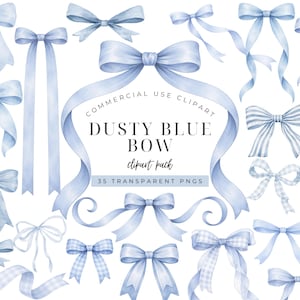 Può includere: Una collezione di fiocchi blu polvere in vari stili, inclusi motivi a tinta unita, a righe e a quadretti. Il testo centrale recita: COMMERCIAL USE CLIPART DUSTY BLUE BOW clipart pack 35 TRANSPARENT PNGS. Queste illustrazioni ad acquerello presentano nastri con estremità fluide.