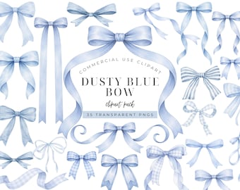 Dusty Blue Bow Clipart Bundle, Watercolor Ribbon Bow PNG, Baby Shower Invitation, Birthday Invitation, Gingham Blue Bow Set